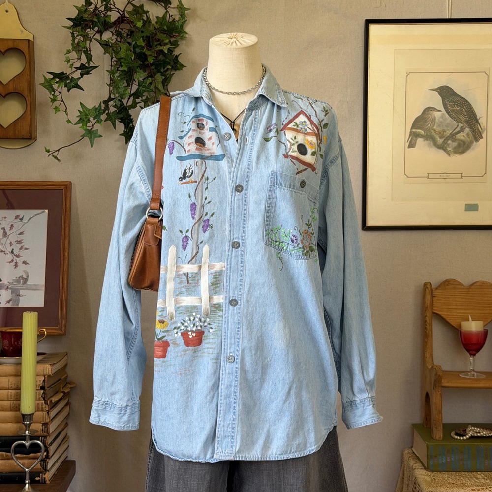 Blue Hand Painted Birdhouse Denim Shirt Cottagecore Vintage XS/S Kidcore